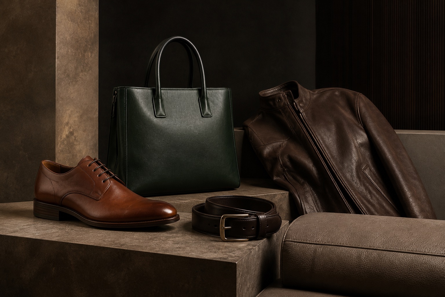 Zapato, bolso, chaqueta, cinturón y tapicería realizados en cuero